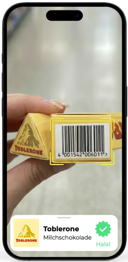 Interface de l'application Tayib scannant un produit pour vérifier s'il est Halal